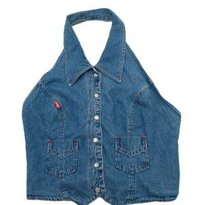 At Last Women's Denim Halter Crop Top Shirt Size Medium Vest Smocked Back Y2k